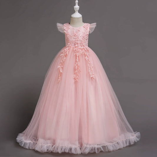 A-line Pink Lace Back Zip Baptism Lace Floor Length Short Sleeve Cap Sleeve Round Flower Girl Dress