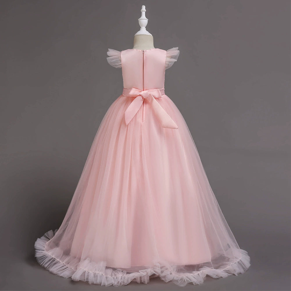 A-line Pink Lace Back Zip Baptism Lace Floor Length Short Sleeve Cap Sleeve Round Flower Girl Dress
