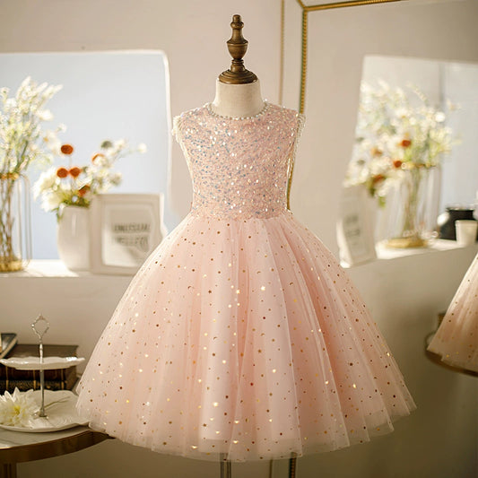 A-line Pink Tulle Back Zip Baptism Sequins Tea Length Sleeveless Round Flower Girl Dress