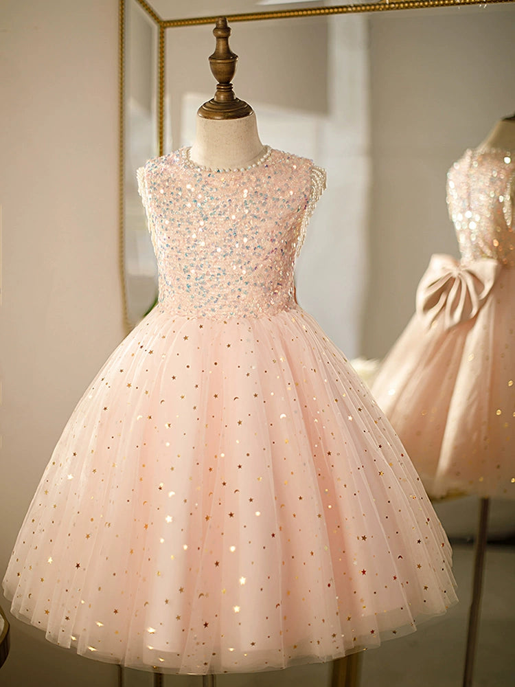 A-line Pink Tulle Back Zip Baptism Sequins Tea Length Sleeveless Round Flower Girl Dress