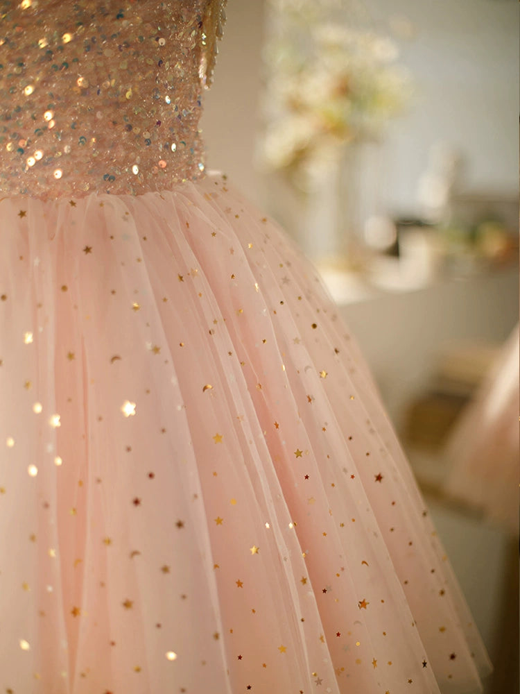 A-line Pink Tulle Back Zip Baptism Sequins Tea Length Sleeveless Round Flower Girl Dress