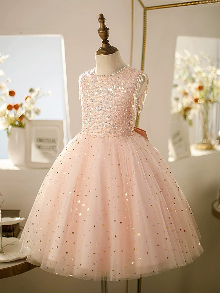 A-line Pink Tulle Back Zip Baptism Sequins Tea Length Sleeveless Round Flower Girl Dress