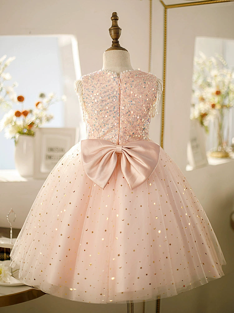 A-line Pink Tulle Back Zip Baptism Sequins Tea Length Sleeveless Round Flower Girl Dress