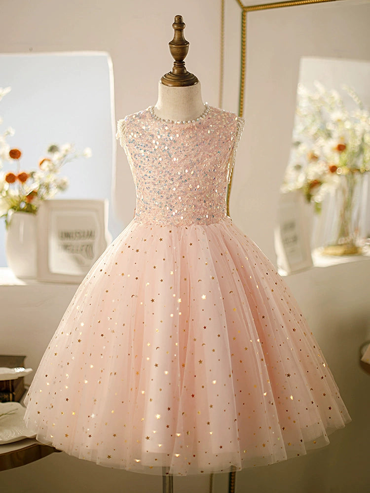 A-line Pink Tulle Back Zip Baptism Sequins Tea Length Sleeveless Round Flower Girl Dress