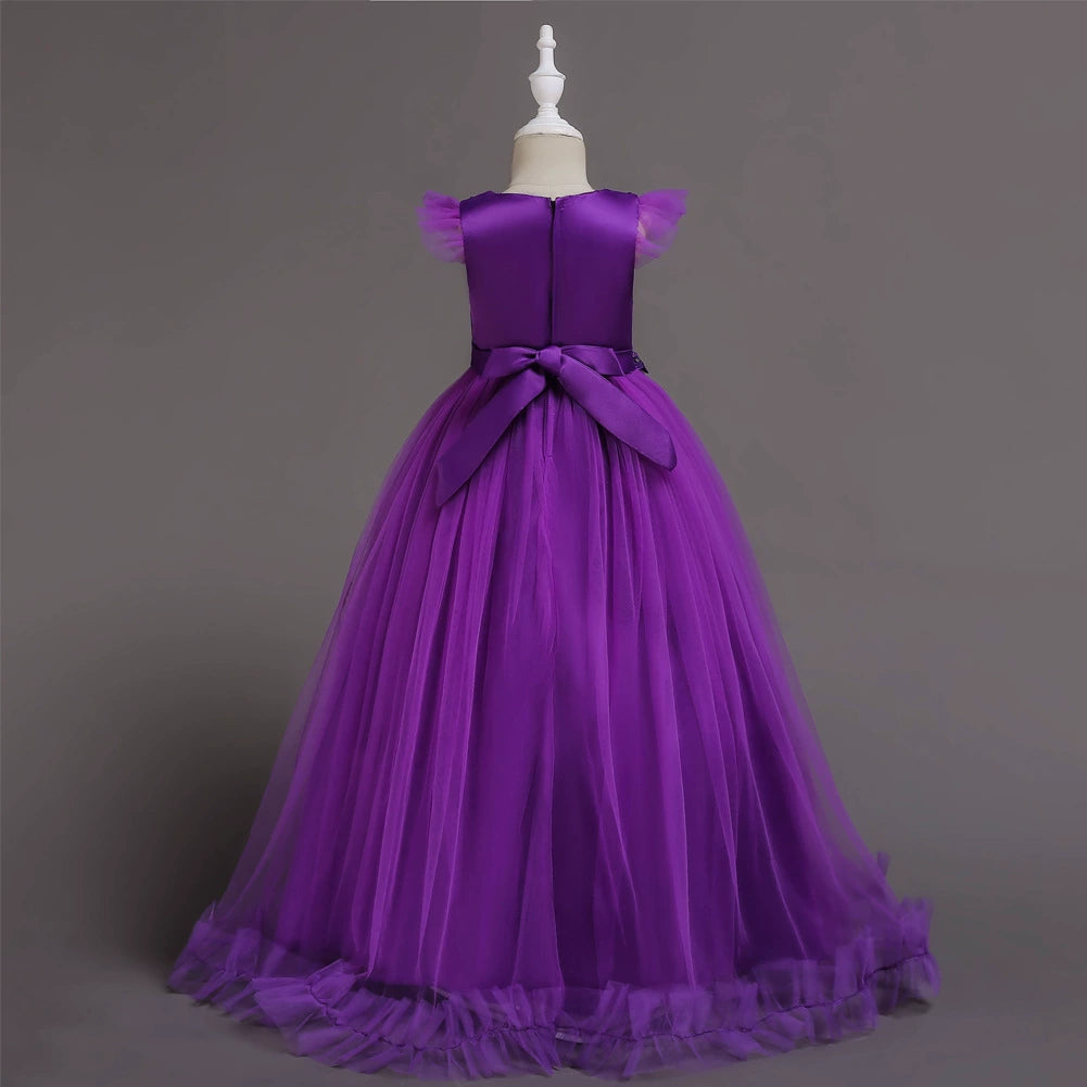 A-line Purple Lace Back Zip Baptism Lace Floor Length Short Sleeve Cap Sleeve Round Flower Girl Dress