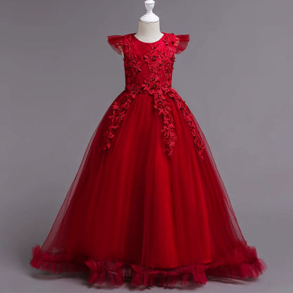 A-line Red Lace Back Zip Baptism Lace Floor Length Short Sleeve Cap Sleeve Round Flower Girl Dress