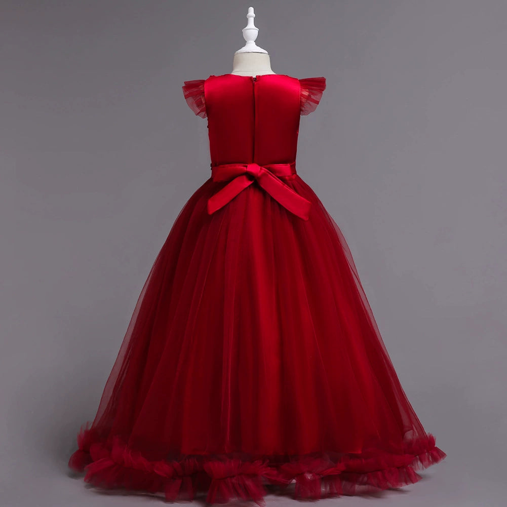 A-line Red Lace Back Zip Baptism Lace Floor Length Short Sleeve Cap Sleeve Round Flower Girl Dress