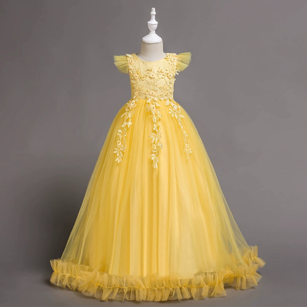A-line Yellow Lace Back Zip Baptism Lace Floor Length Short Sleeve Cap Sleeve Round Flower Girl Dress