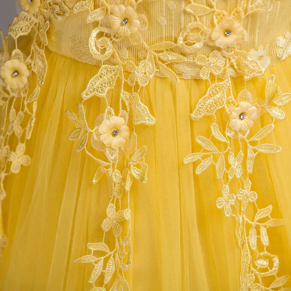 A-line Yellow Lace Back Zip Baptism Lace Floor Length Short Sleeve Cap Sleeve Round Flower Girl Dress