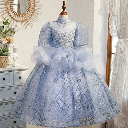 Blue Organza Crossed Straps Baptism Lace Floor Length Short Sleeve Puff Sleeve Mock Neck Flower Girl Dress