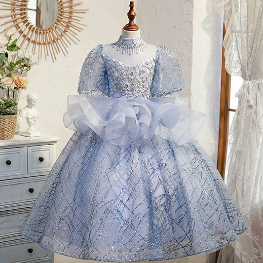 Blue Organza Crossed Straps Baptism Lace Floor Length Short Sleeve Puff Sleeve Mock Neck Flower Girl Dress
