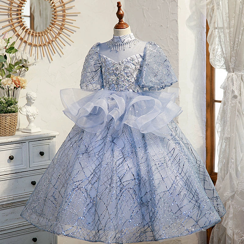 Blue Organza Crossed Straps Baptism Lace Floor Length Short Sleeve Puff Sleeve Mock Neck Flower Girl Dress