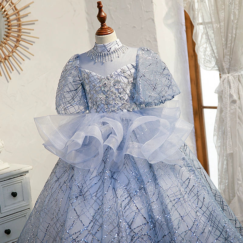 Blue Organza Crossed Straps Baptism Lace Floor Length Short Sleeve Puff Sleeve Mock Neck Flower Girl Dress
