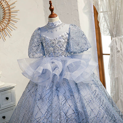 Blue Organza Crossed Straps Baptism Lace Floor Length Short Sleeve Puff Sleeve Mock Neck Flower Girl Dress