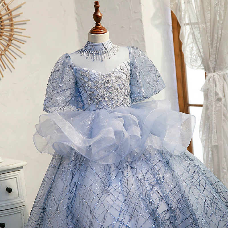 Blue Organza Crossed Straps Baptism Lace Floor Length Short Sleeve Puff Sleeve Mock Neck Flower Girl Dress