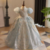 V-Neck Floor Length Sequined Flower Girl Dress in Blue