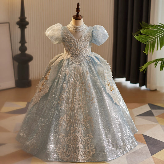 Blue Sequined Crossed Straps Baptism Beaded Floor Length Short Sleeve Puff Sleeve V-Neck Flower Girl Dress