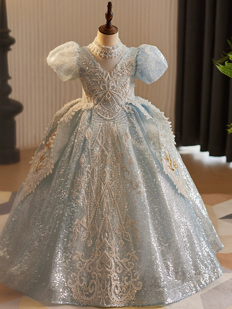 Blue Sequined Crossed Straps Baptism Beaded Floor Length Short Sleeve Puff Sleeve V-Neck Flower Girl Dress