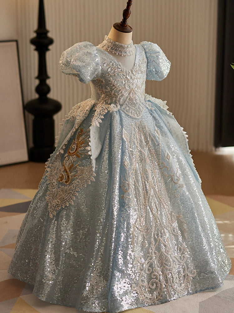 Blue Sequined Crossed Straps Baptism Beaded Floor Length Short Sleeve Puff Sleeve V-Neck Flower Girl Dress