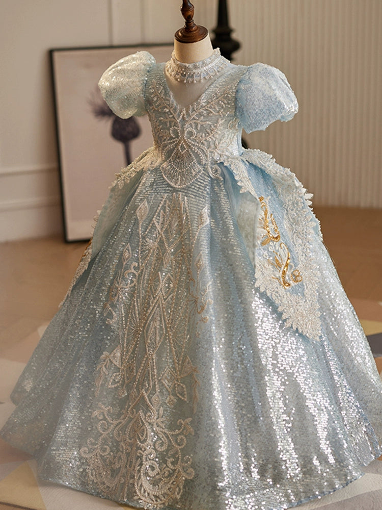 Blue Sequined Crossed Straps Baptism Beaded Floor Length Short Sleeve Puff Sleeve V-Neck Flower Girl Dress