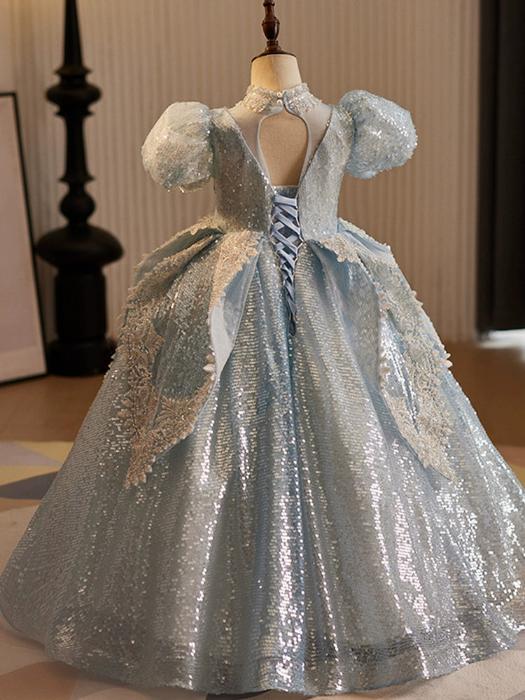 Blue Sequined Crossed Straps Baptism Beaded Floor Length Short Sleeve Puff Sleeve V-Neck Flower Girl Dress