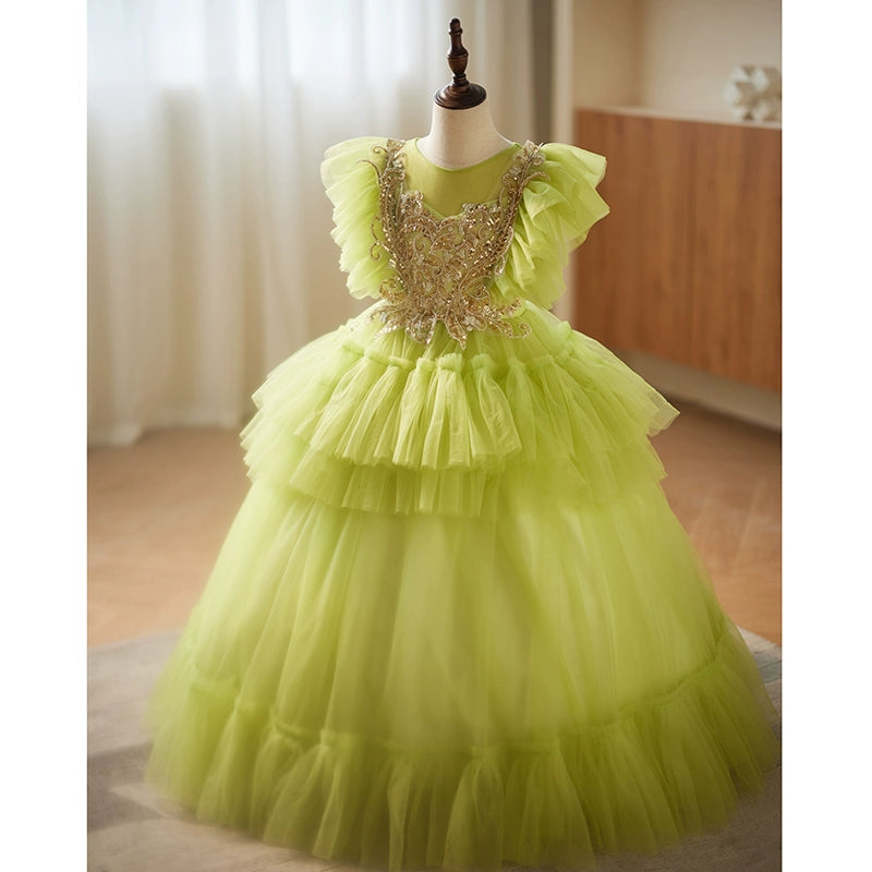 Green Tulle Crossed Straps Baptism Lace Floor Length Short Sleeve Cap Sleeve Round Flower Girl Dress