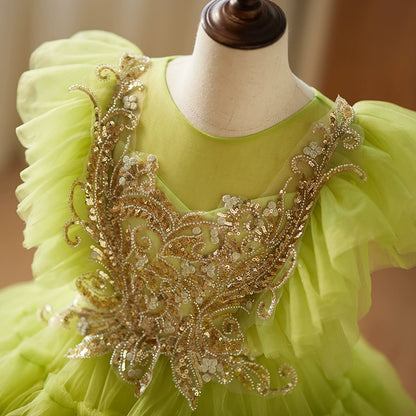 Green Tulle Crossed Straps Baptism Lace Floor Length Short Sleeve Cap Sleeve Round Flower Girl Dress