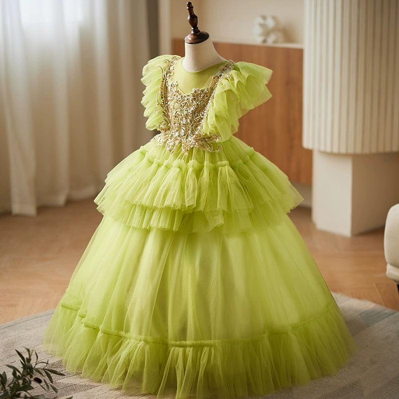 Green Tulle Crossed Straps Baptism Lace Floor Length Short Sleeve Cap Sleeve Round Flower Girl Dress