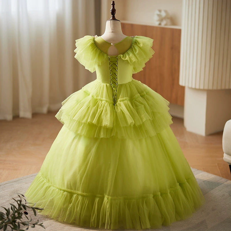 Green Tulle Crossed Straps Baptism Lace Floor Length Short Sleeve Cap Sleeve Round Flower Girl Dress