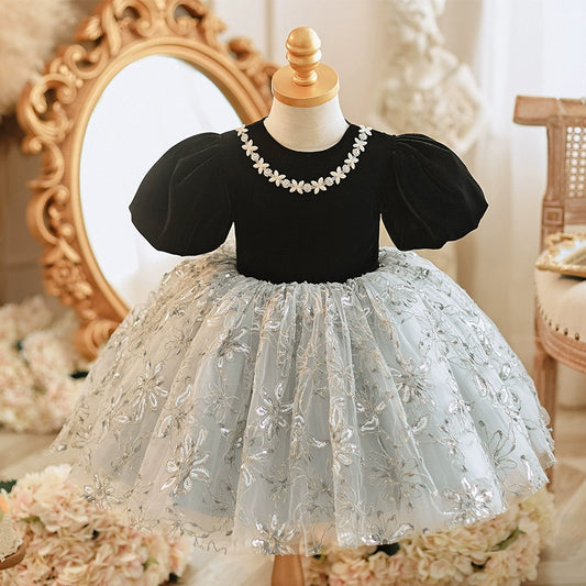 Princess Black Lace Back Zip Baptism Lace Tea Length Short Sleeve Puff Sleeve Round Flower Girl Dress