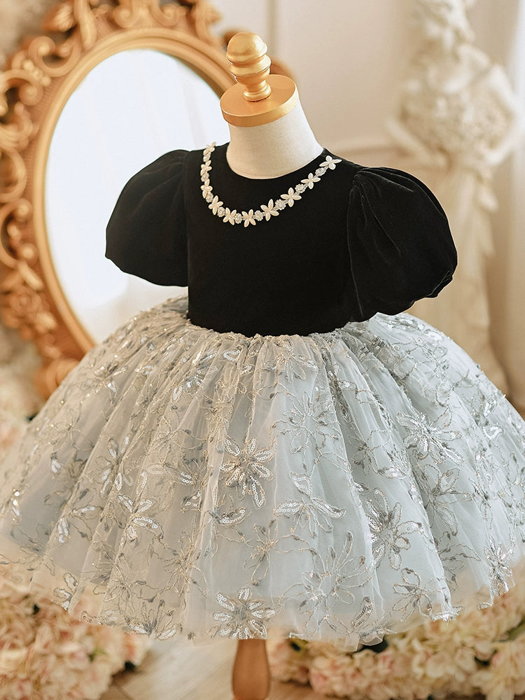Princess Black Lace Back Zip Baptism Lace Tea Length Short Sleeve Puff Sleeve Round Flower Girl Dress