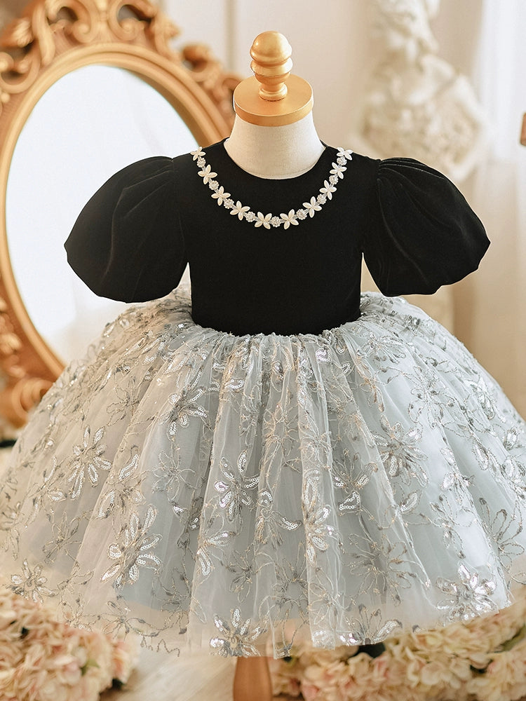 Princess Black Lace Back Zip Baptism Lace Tea Length Short Sleeve Puff Sleeve Round Flower Girl Dress