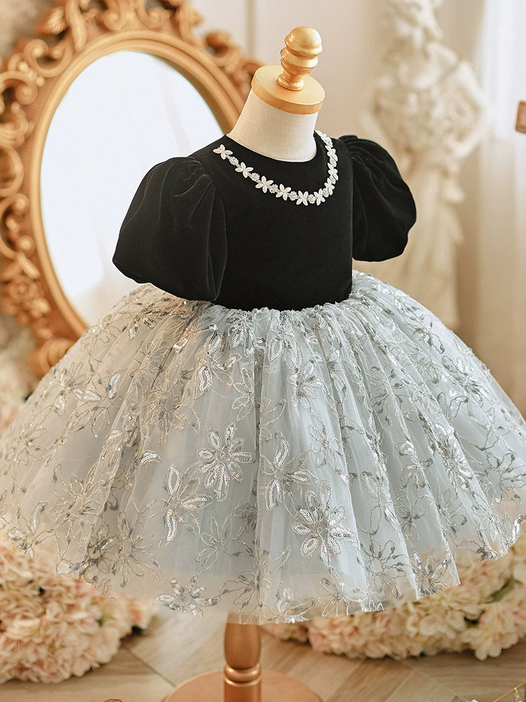 Princess Black Lace Back Zip Baptism Lace Tea Length Short Sleeve Puff Sleeve Round Flower Girl Dress