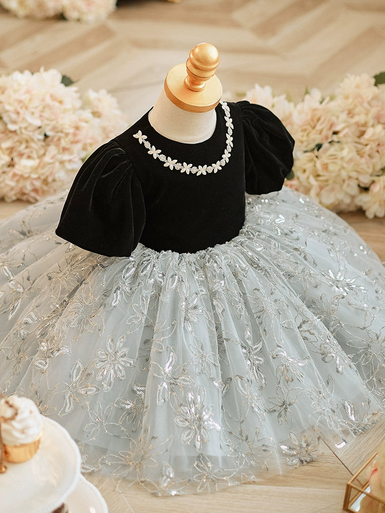Princess Black Lace Back Zip Baptism Lace Tea Length Short Sleeve Puff Sleeve Round Flower Girl Dress
