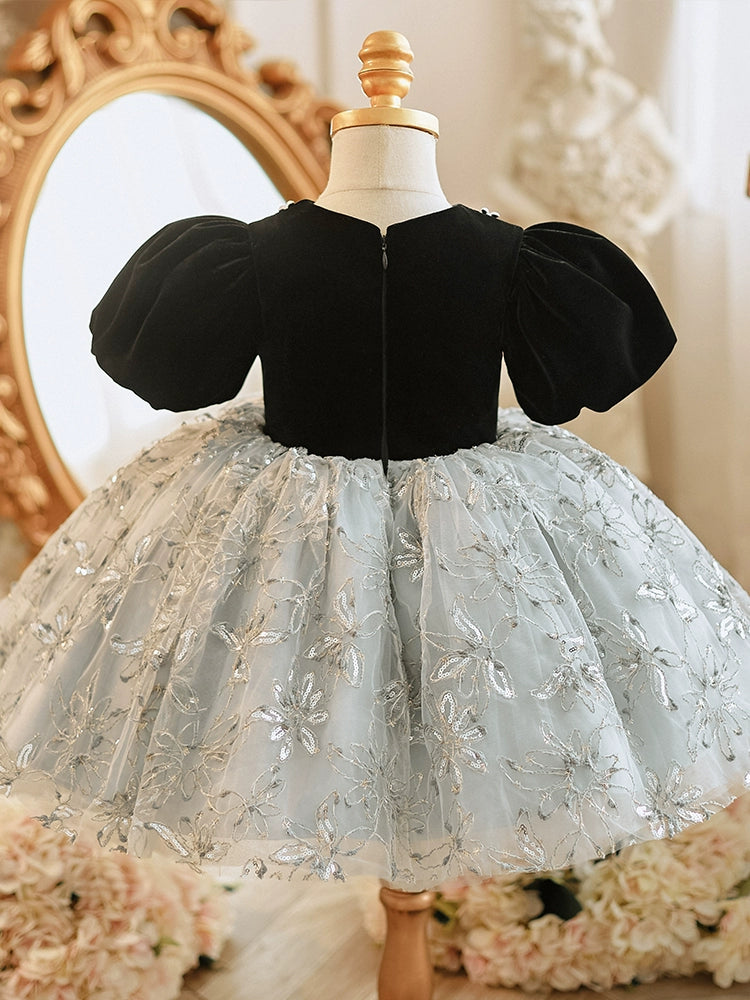 Princess Black Lace Back Zip Baptism Lace Tea Length Short Sleeve Puff Sleeve Round Flower Girl Dress