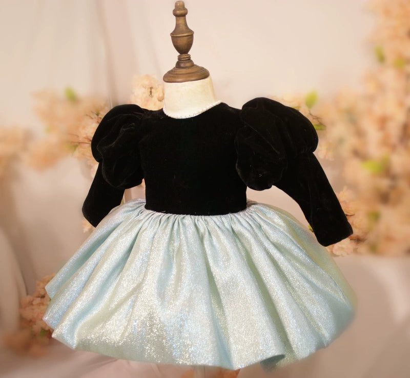 Princess Black Satin Back Zip Baptism Bow(s) Tea Length Long Sleeve Puff Sleeve Round Flower Girl Dress