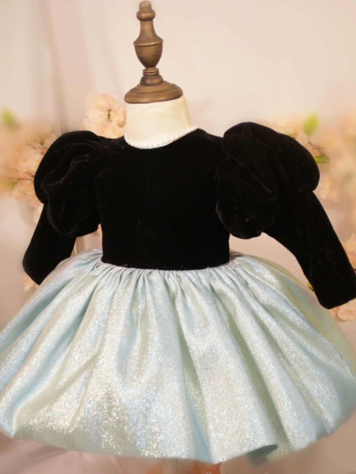 Princess Black Satin Back Zip Baptism Bow(s) Tea Length Long Sleeve Puff Sleeve Round Flower Girl Dress