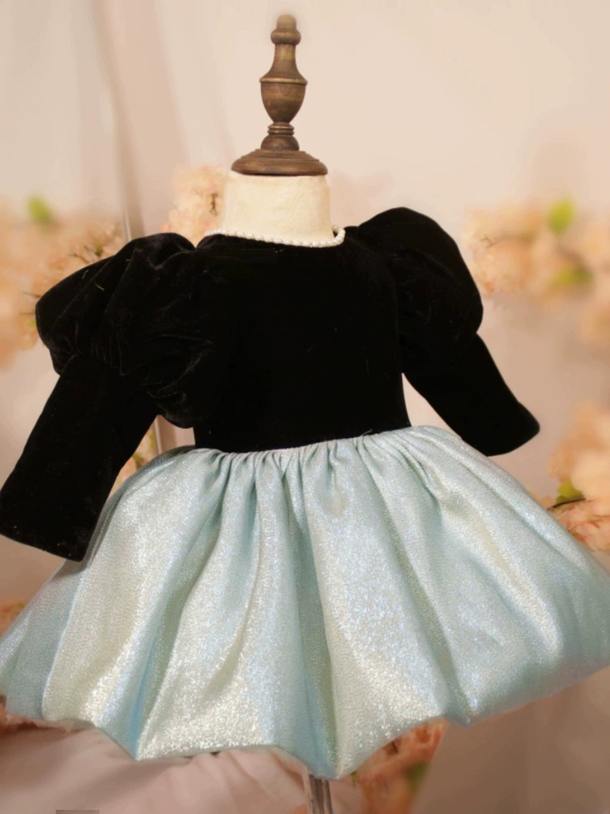 Princess Black Satin Back Zip Baptism Bow(s) Tea Length Long Sleeve Puff Sleeve Round Flower Girl Dress