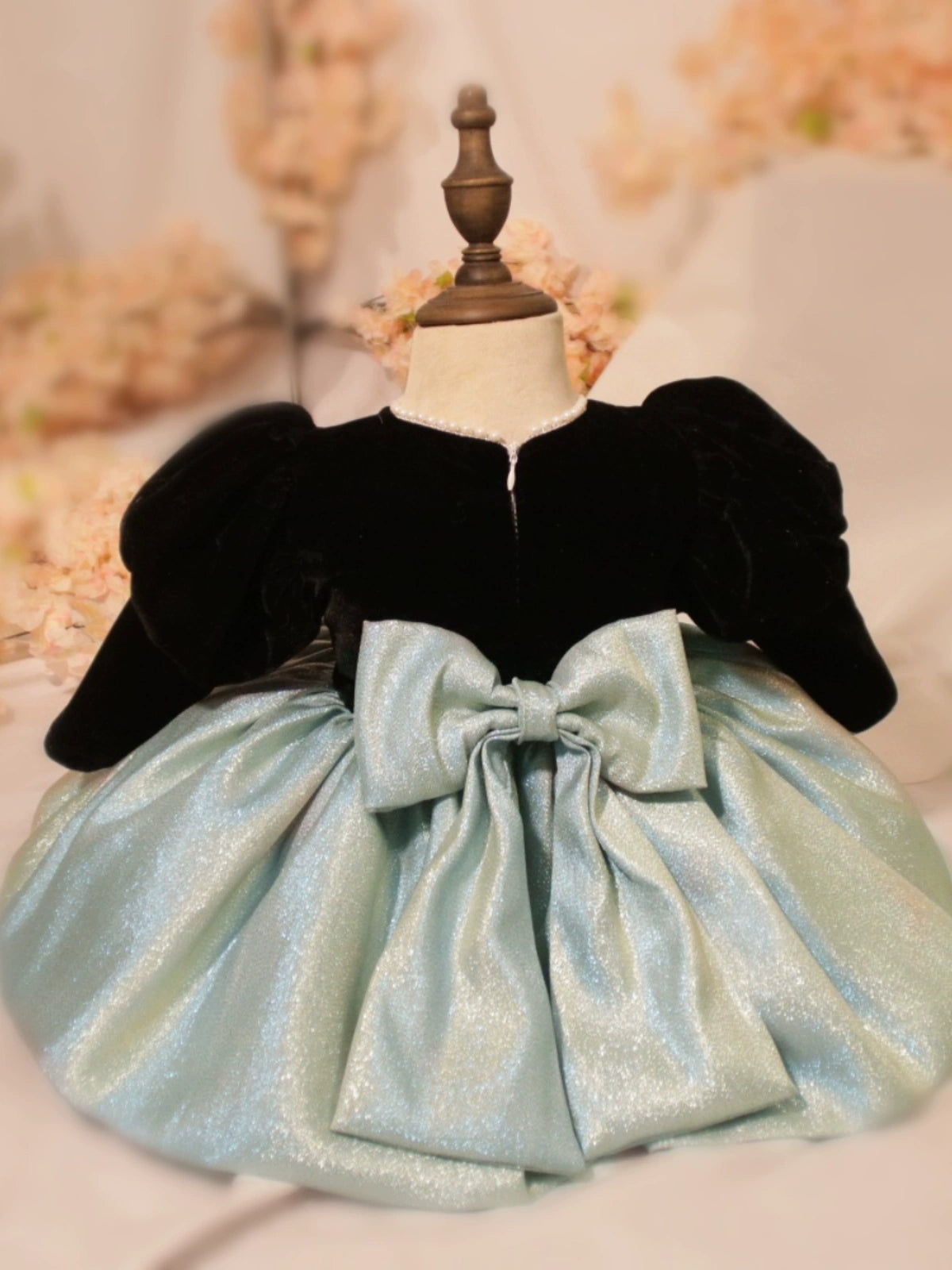 Princess Black Satin Back Zip Baptism Bow(s) Tea Length Long Sleeve Puff Sleeve Round Flower Girl Dress