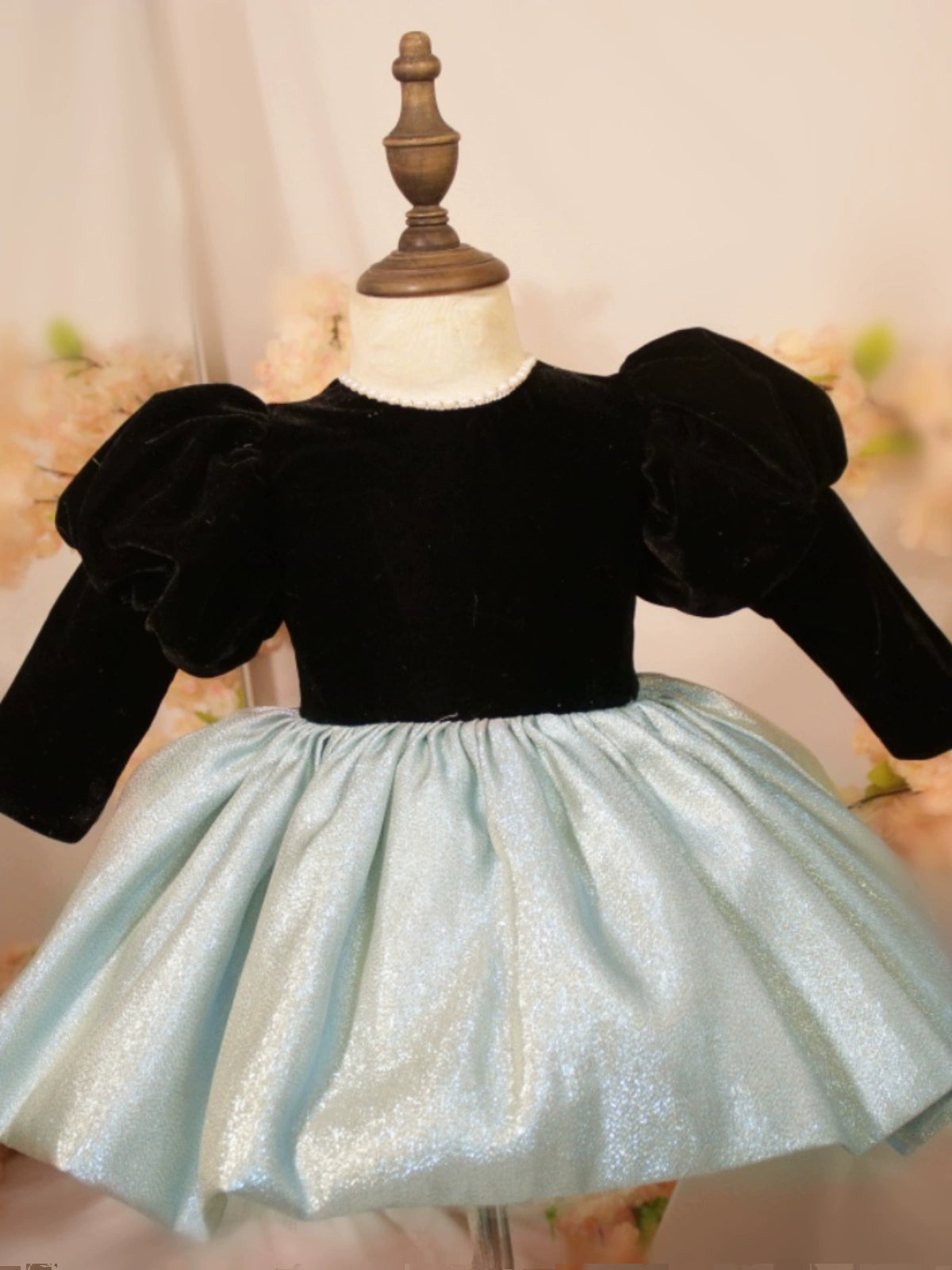 Princess Black Satin Back Zip Baptism Bow(s) Tea Length Long Sleeve Puff Sleeve Round Flower Girl Dress