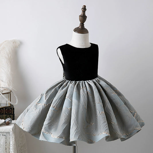 Princess Black Satin Back Zip Baptism Bow(s) Tea Length Sleeveless Round Flower Girl Dress