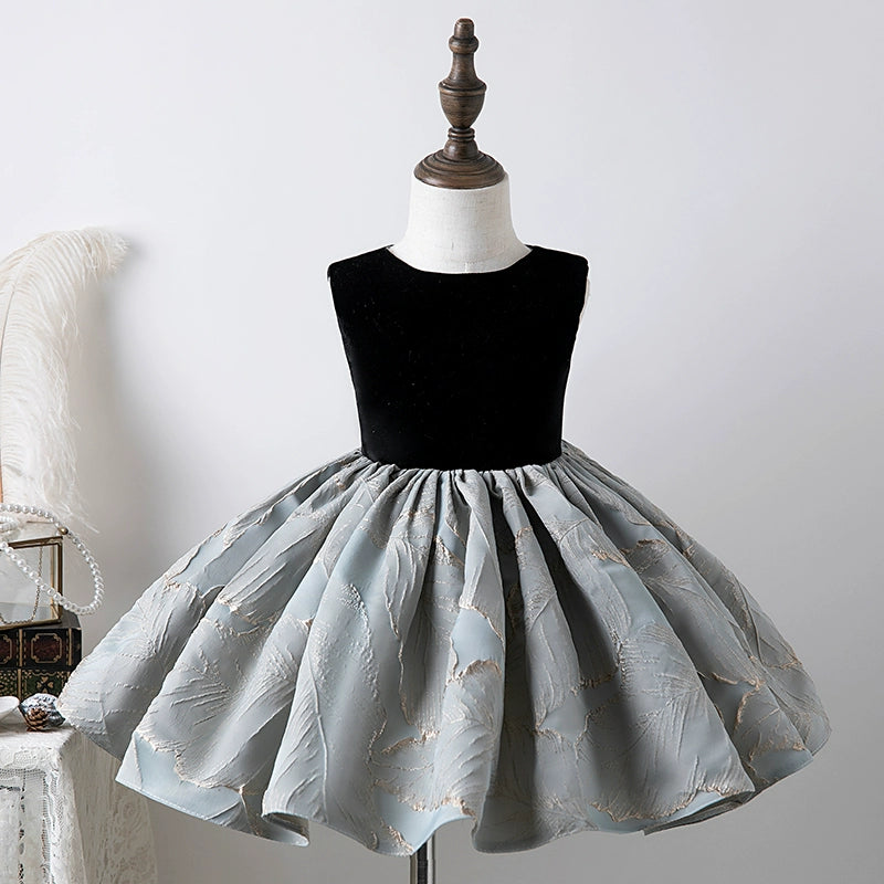 Princess Black Satin Back Zip Baptism Bow(s) Tea Length Sleeveless Round Flower Girl Dress