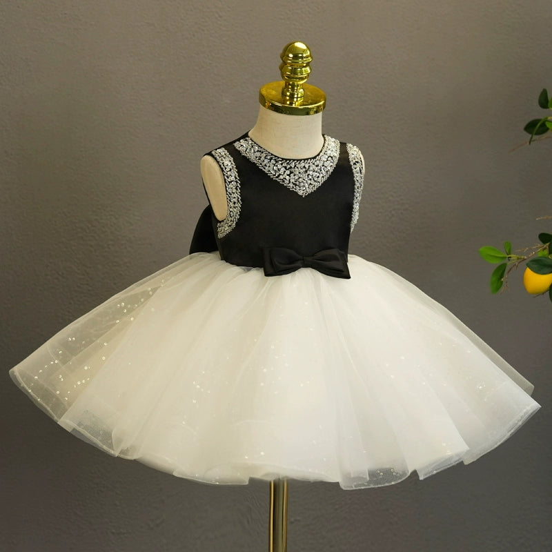 Princess Black Satin Back Zip Baptism Cascading Ruffles Tea Length Sleeveless Ruffle Sleeve Round Flower Girl Dress