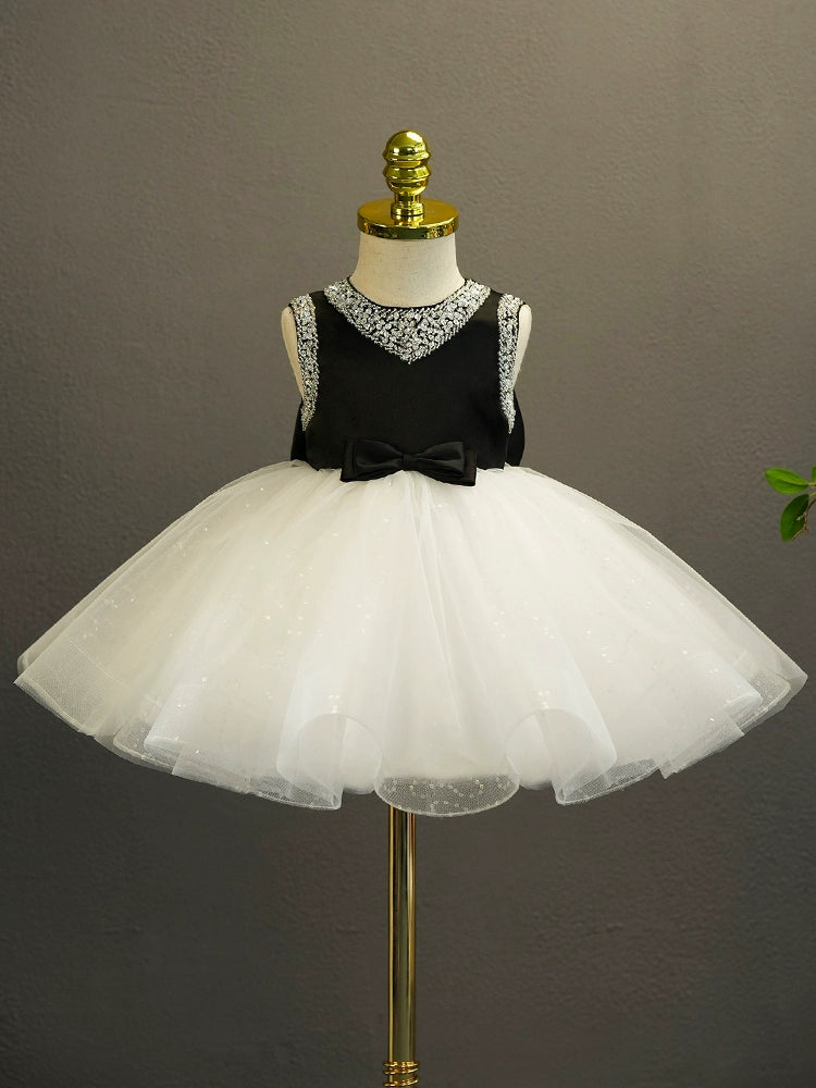 Princess Black Satin Back Zip Baptism Cascading Ruffles Tea Length Sleeveless Ruffle Sleeve Round Flower Girl Dress