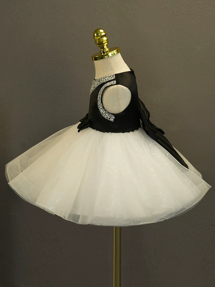 Princess Black Satin Back Zip Baptism Cascading Ruffles Tea Length Sleeveless Ruffle Sleeve Round Flower Girl Dress