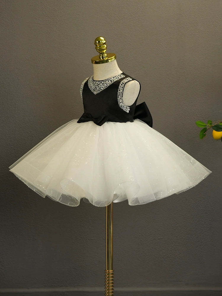 Princess Black Satin Back Zip Baptism Cascading Ruffles Tea Length Sleeveless Ruffle Sleeve Round Flower Girl Dress