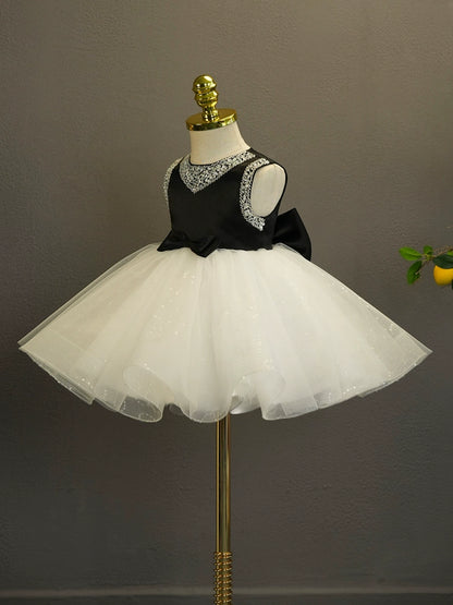 Princess Black Satin Back Zip Baptism Cascading Ruffles Tea Length Sleeveless Ruffle Sleeve Round Flower Girl Dress