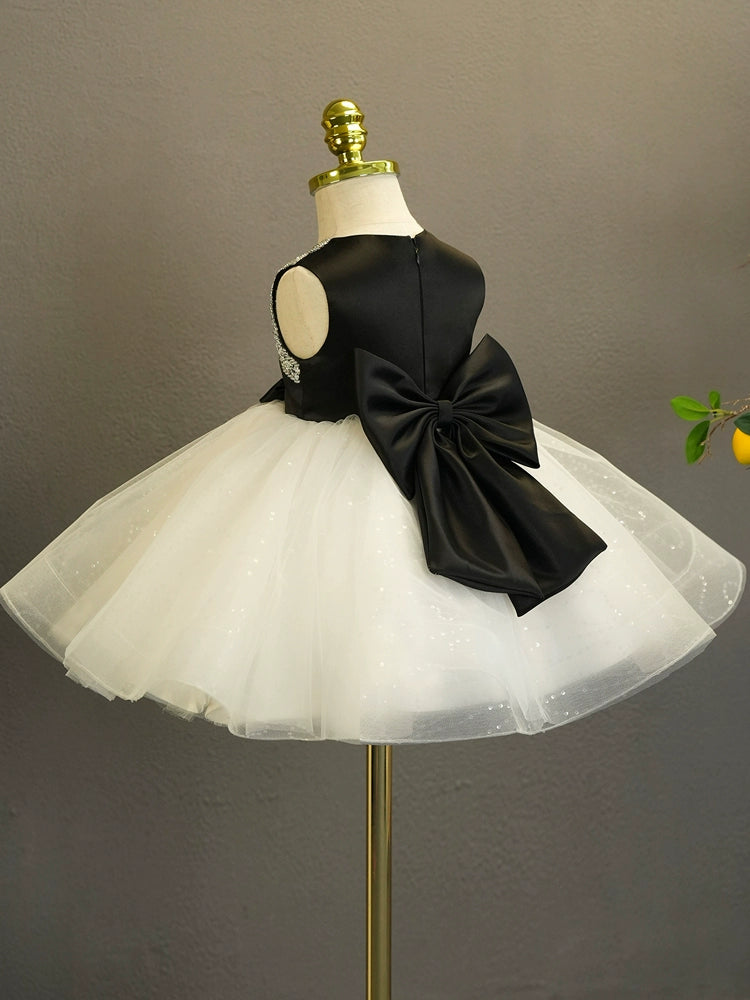Princess Black Satin Back Zip Baptism Cascading Ruffles Tea Length Sleeveless Ruffle Sleeve Round Flower Girl Dress