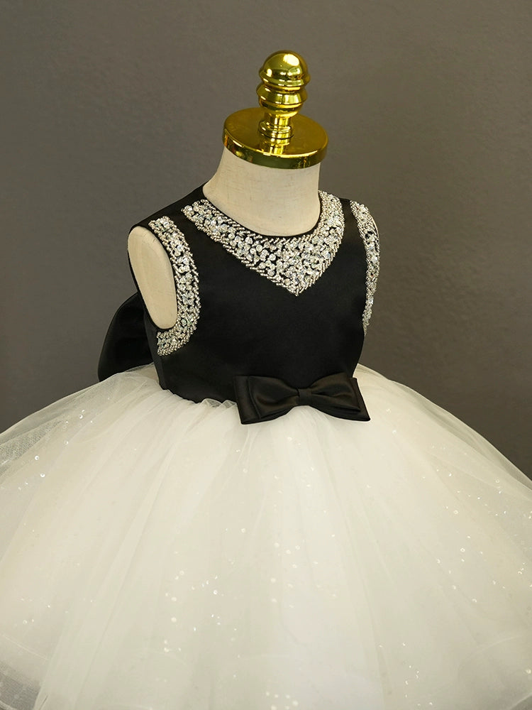Princess Black Satin Back Zip Baptism Cascading Ruffles Tea Length Sleeveless Ruffle Sleeve Round Flower Girl Dress