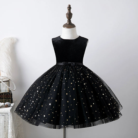 Princess Black Tulle Back Zip Baptism Sequins Tea Length Sleeveless Round Flower Girl Dress